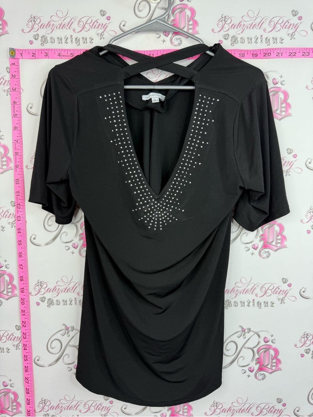 Notations Black Short Sleeve V-Neck Top with Stud Accents and Crisscross Back